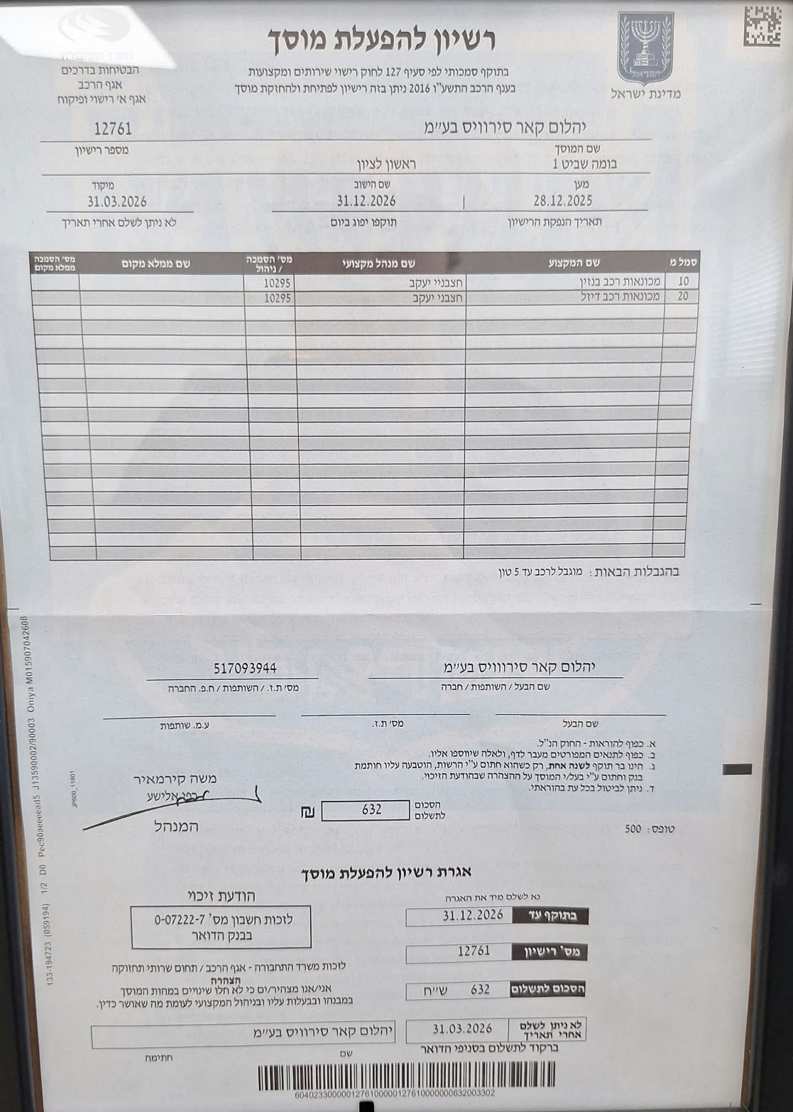רישיון להפעלת מוסך - משרד התחבורה והבטיחות בדרכים